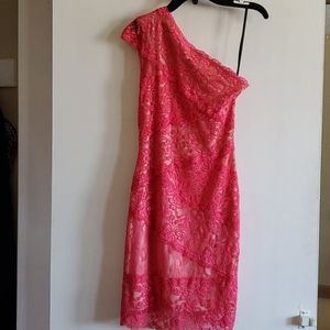 BEBE One Shoulder Lace Pink Dress
